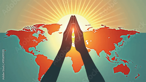 Vector illustration of praying hands with world map and sunrise