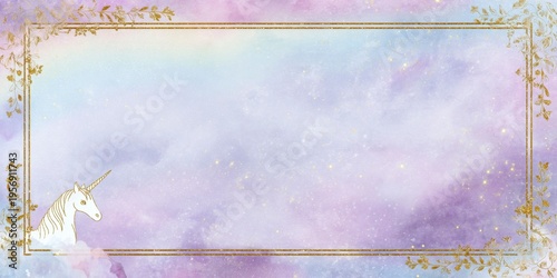 a blank page with a unicorn themed border, pastel colors, magical sparkles, and golden filigree
