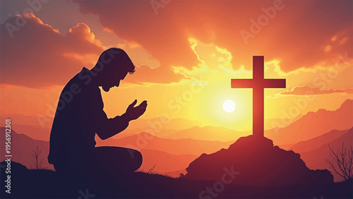 Silhouette of man praying beside cross at sunset