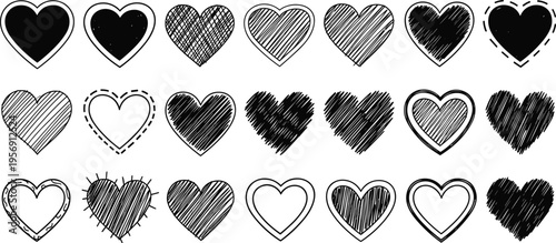 Hand Drawn Heart Doodle Collection with Sketch Style Love Symbols for Valentine Cards Romantic Designs Wedding Elements and Vector Illustration Set