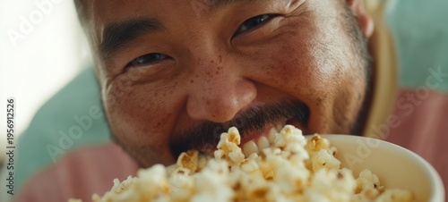 Happy Man Enjoying a Bowl of Popcorn