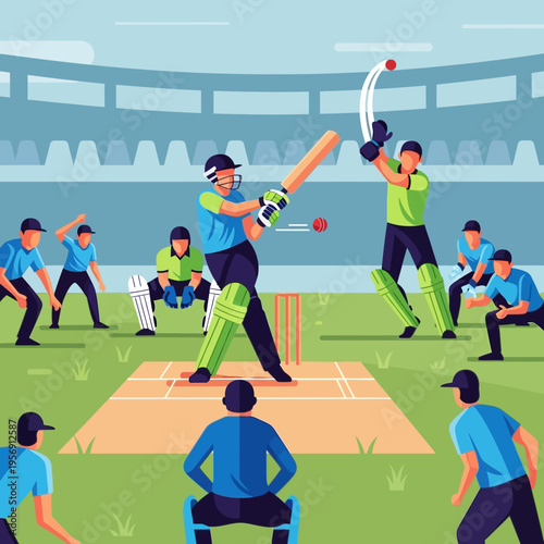 Cricket match in stadium, batsman hitting ball, fielders ready, action sport concept