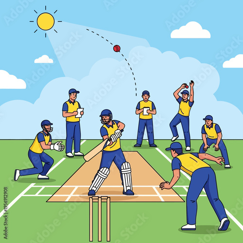 Cricket Match Action: Batsman Hits Ball, Fielders Ready on Sunny Day