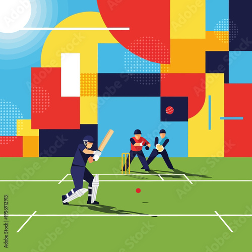 Cricket match action: batsman hitting ball, bowler, wicket, abstract geometric background