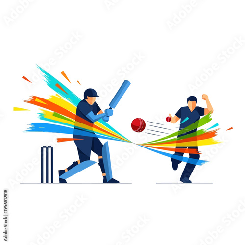 Cricket match action: batsman hitting ball, bowler throwing, colorful splashes
