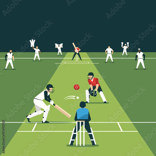 Cricket match action: batsman hitting ball, bowler, wicketkeeper, fielders on green pitch