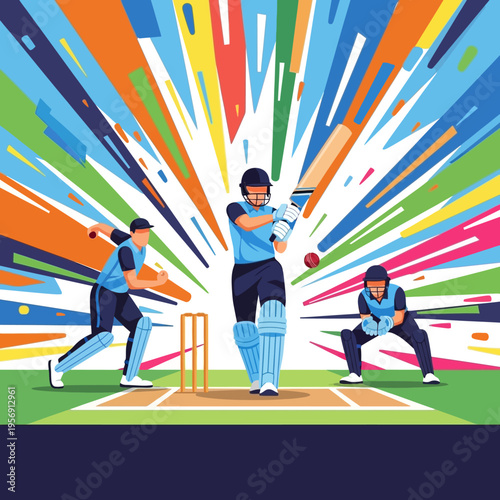 Cricket match action: batsman hitting ball, bowler, wicketkeeper, colorful abstract background