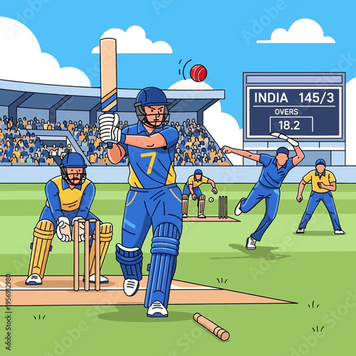 Cricket match action: batsman hitting ball, bowler, wicketkeeper, stadium crowd, scoreboard
