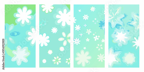 Abstract floral patterns in shades of green and blue vertical panels