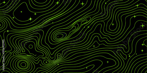 Abstract topographic map with glowing lines and scattered star elements