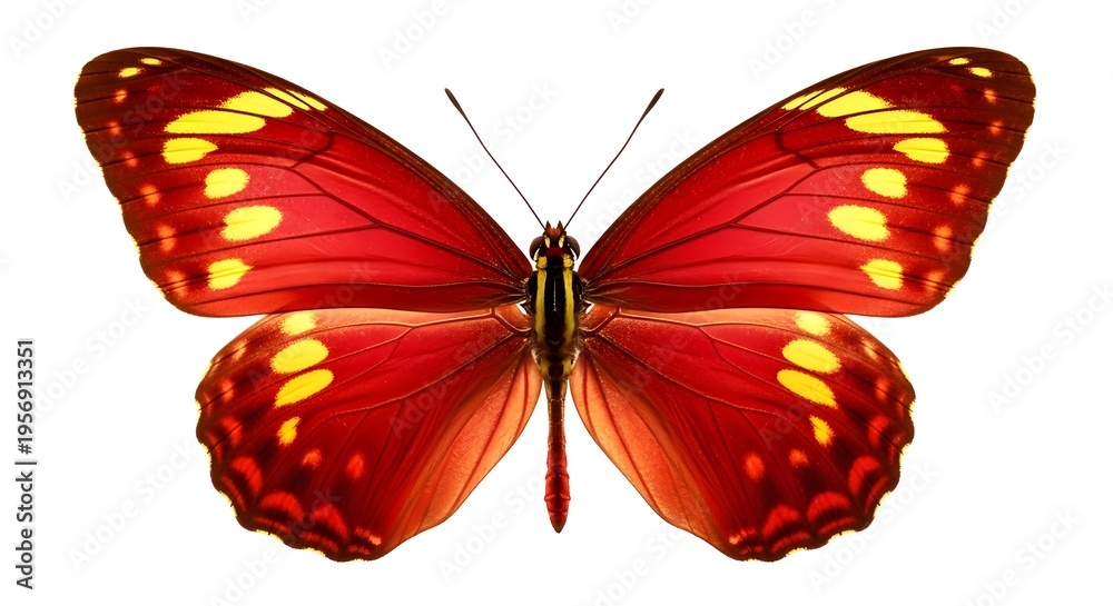 Fototapeta premium Vibrant red butterfly with yellow spots spread wide on transparent background