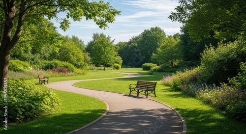 A serene park with a winding path and benches under a blue sky