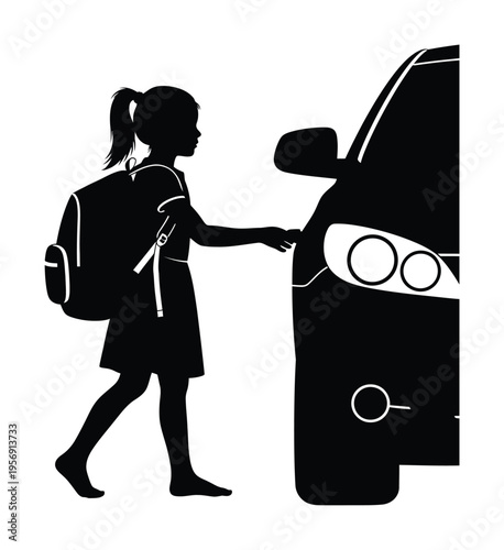 Vector silhouette of a schoolgirl with a backpack reaching for a car door handle