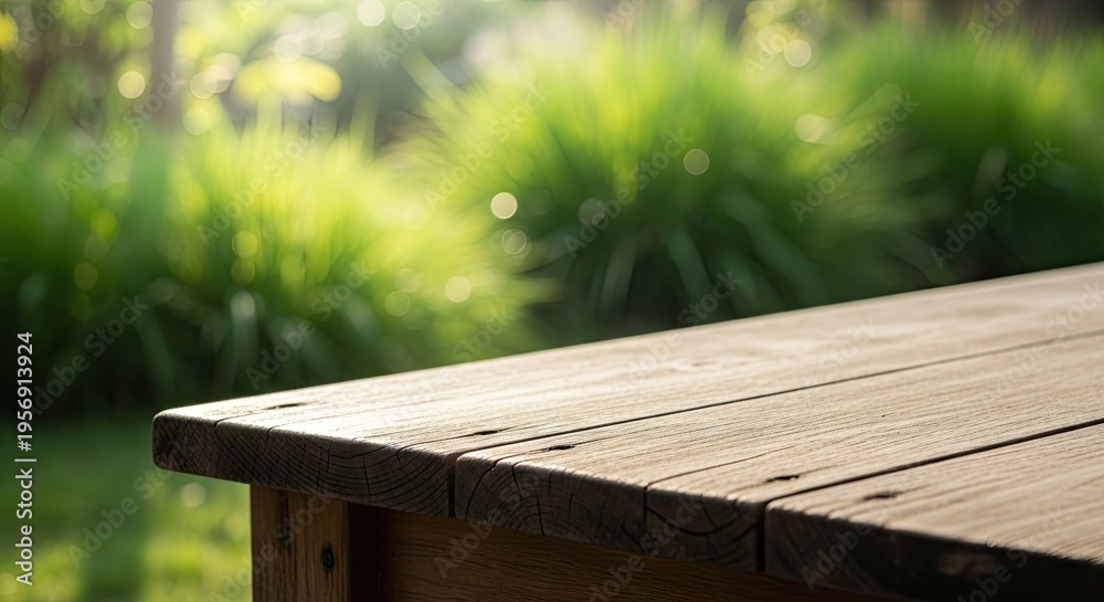 Fototapeta premium A wooden table in a serene outdoor setting with lush greenery