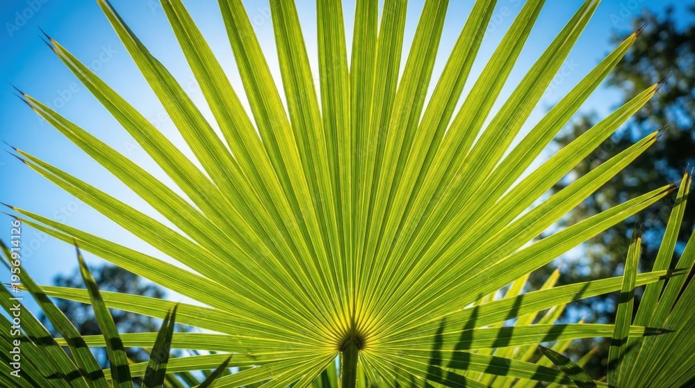 Fototapeta premium Close-up of a vibrant green palm frond against a bright blue sky.