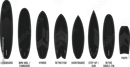  2026 Summer Surfboard Vector Bundle: Set of 8 Patterned Black Silhouette Designs Including Longboard and Hybrid for Beach and Sea Sport Activities 