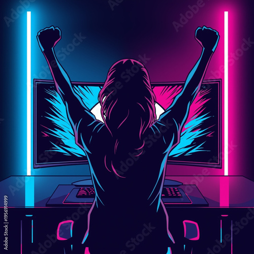 A woman celebrating in front of a computer screen