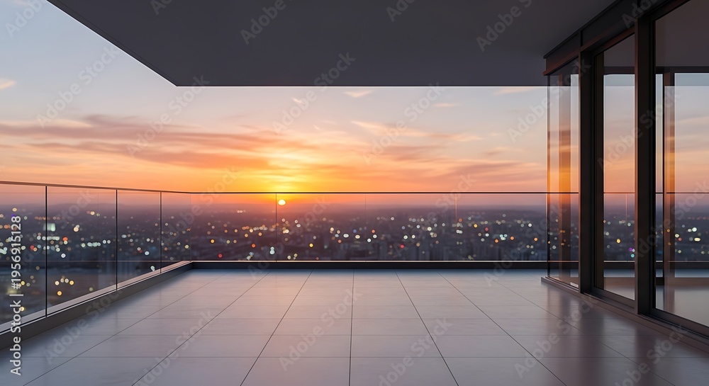 Fototapeta premium Modern balcony overlooking a city skyline at sunset with warm orange and yellow hues illuminating the sky and urban landscape below