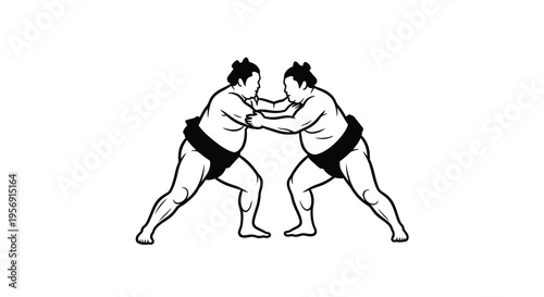 Two sumo wrestlers engaged in combat a striking black silhouette