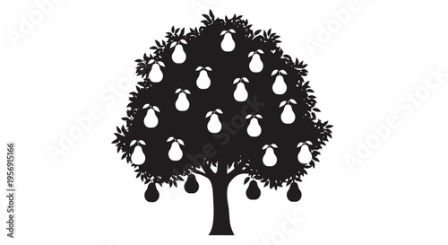 A dark silhouette of a pear tree laden with fruit silhouette