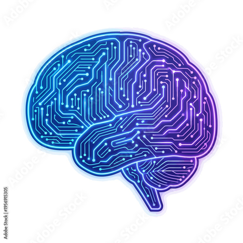 A stylized illustration of a brain made from circuit board patterns in blue and purple hues.