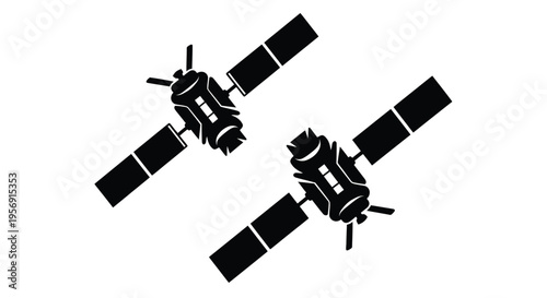 Two satellites in space depicted as a striking black silhouette