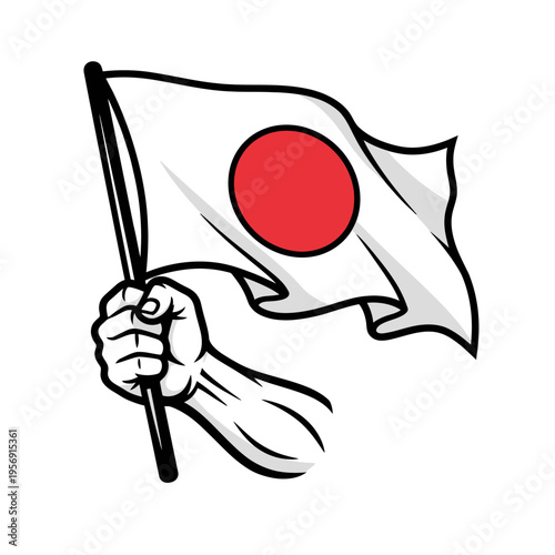 Hand holding Japanese national flag.