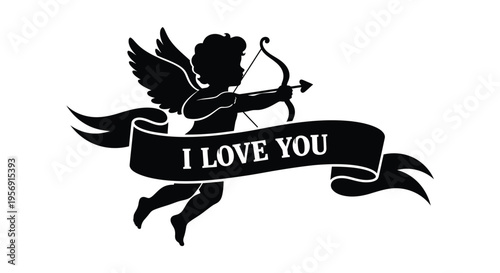 Cupid with bow and arrow holding a banner a romantic silhouette