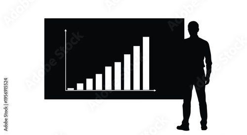 Man presenting data growth on a chart stark black silhouette