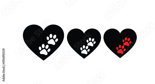 Three black hearts with paw prints and a red heart silhouette