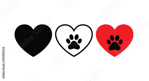 Three hearts with paw prints a study in color and form silhouette