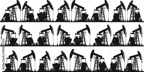 Oil pumpjack silhouettes pattern, industrial petroleum extraction, energy industry background, drilling rigs illustration, fossil fuel concept, black vector design, seamless border
