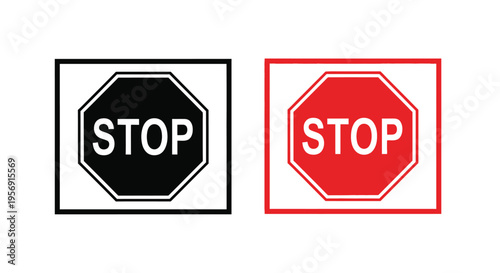 Two stop signs one black and one red presented in a graphic silhouette