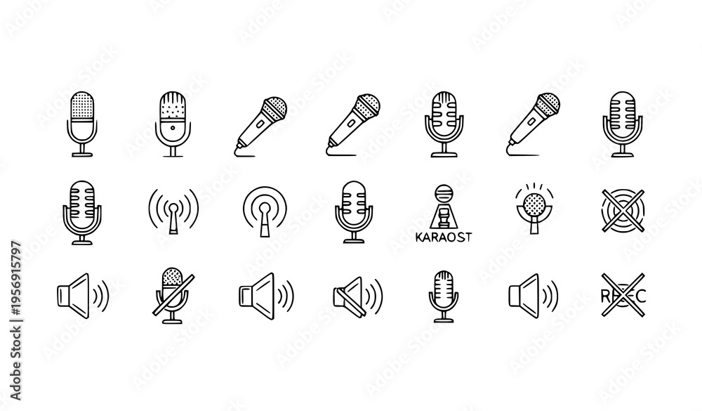 Fototapeta premium A set of minimalist icons representing various audio and recording equipment