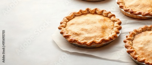 Four pies on table one piece missing four delicious pies arranged on a table with one pie having a slice removed showcasing a baked dessert