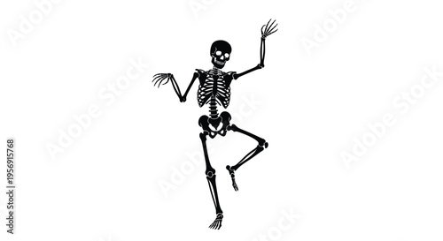 A black silhouette of a dancing skeleton poses with limbs outstretched silhouette