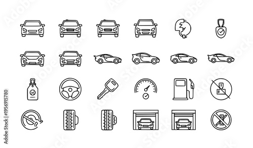 A set of black and white line art car icons and symbols