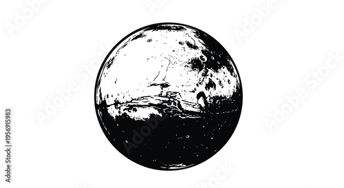 A dark textured sphere with a landmass and animal silhouette