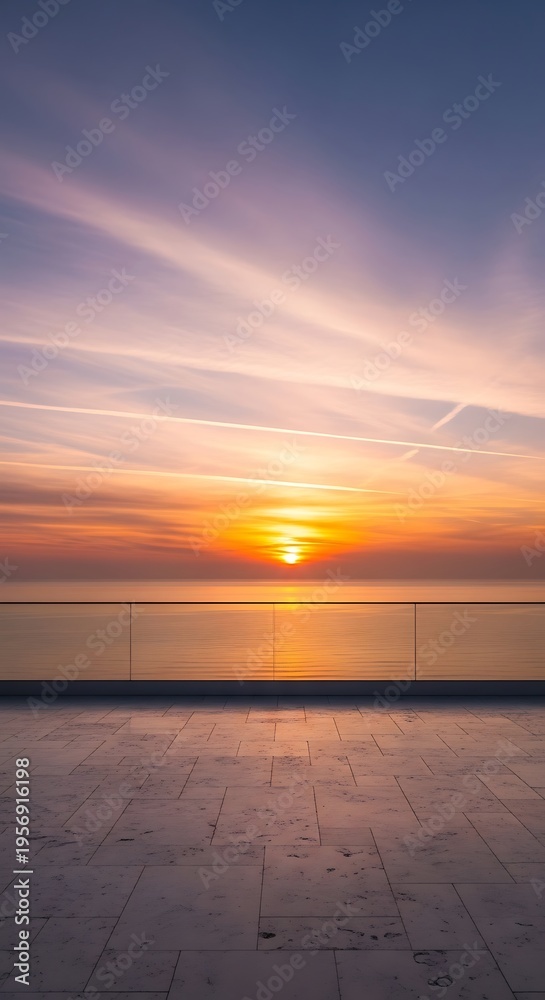 Fototapeta premium Golden sunset over calm ocean reflecting vibrant sky with wispy clouds, viewed from a modern terrace with glass railing.