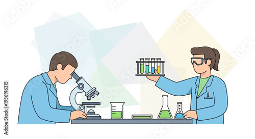 Scientists in lab coats working with microscope and test tubes, science research and discovery