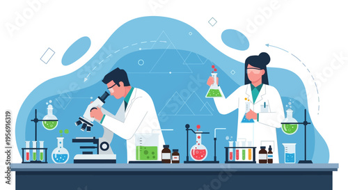 Scientists in lab coats working with microscope and test tubes, science research concept