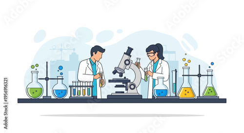 Scientists in lab coats working with microscope and test tubes, scientific research concept