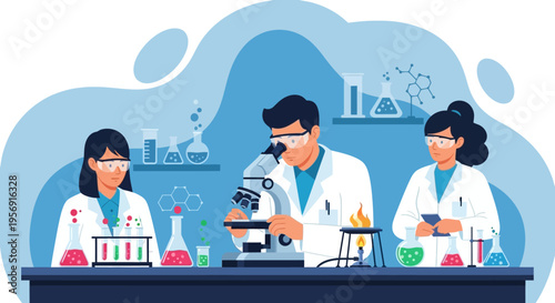 Scientists in lab coats working with microscope and test tubes, science research concept