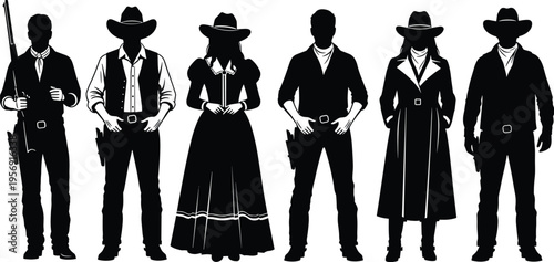 Wild west cowboy silhouettes group, gunslingers and cowgirls standing, vintage western characters, outlaw theme, black and white vector illustration set