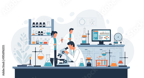 Scientists in lab coats working with microscopes and test tubes, conducting research