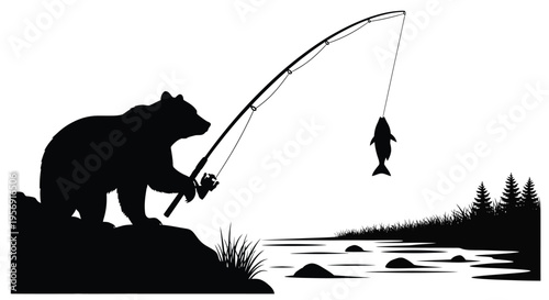 A bear patiently fishing by a riverbank a striking silhouette