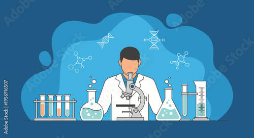 Scientist in Lab Coat Using Microscope Surrounded by Chemistry and Biology Symbols