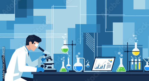 Scientist in lab coat using microscope, conducting research with beakers and laptop
