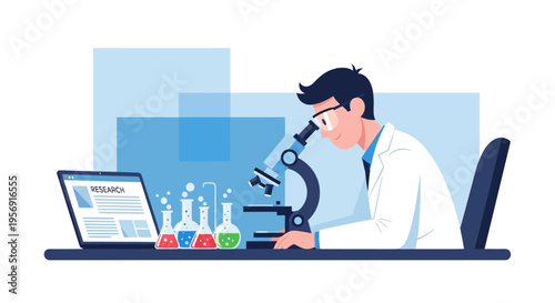 Scientist in Lab Coat Using Microscope, Laptop, and Beakers for Research