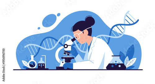 Scientist researching DNA structure with microscope in laboratory, science and genetics concept